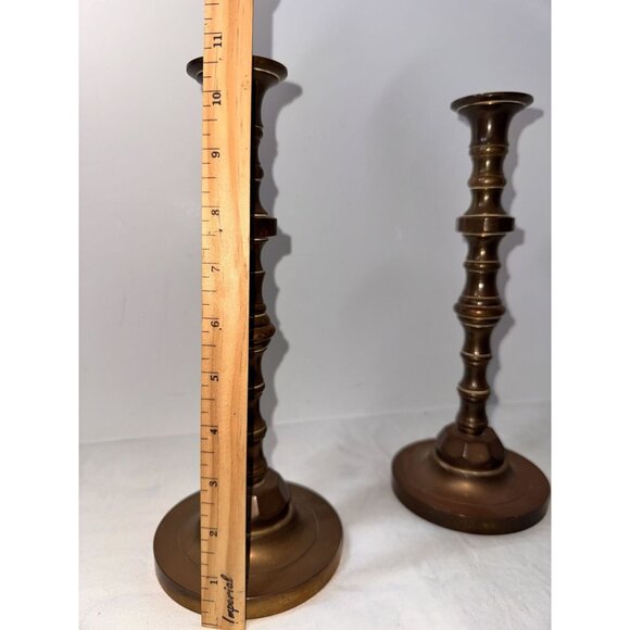 10.5' heavy Antique Brass Candlestick Holders Set Of Two Vintage Decor - Picture 7 of 8